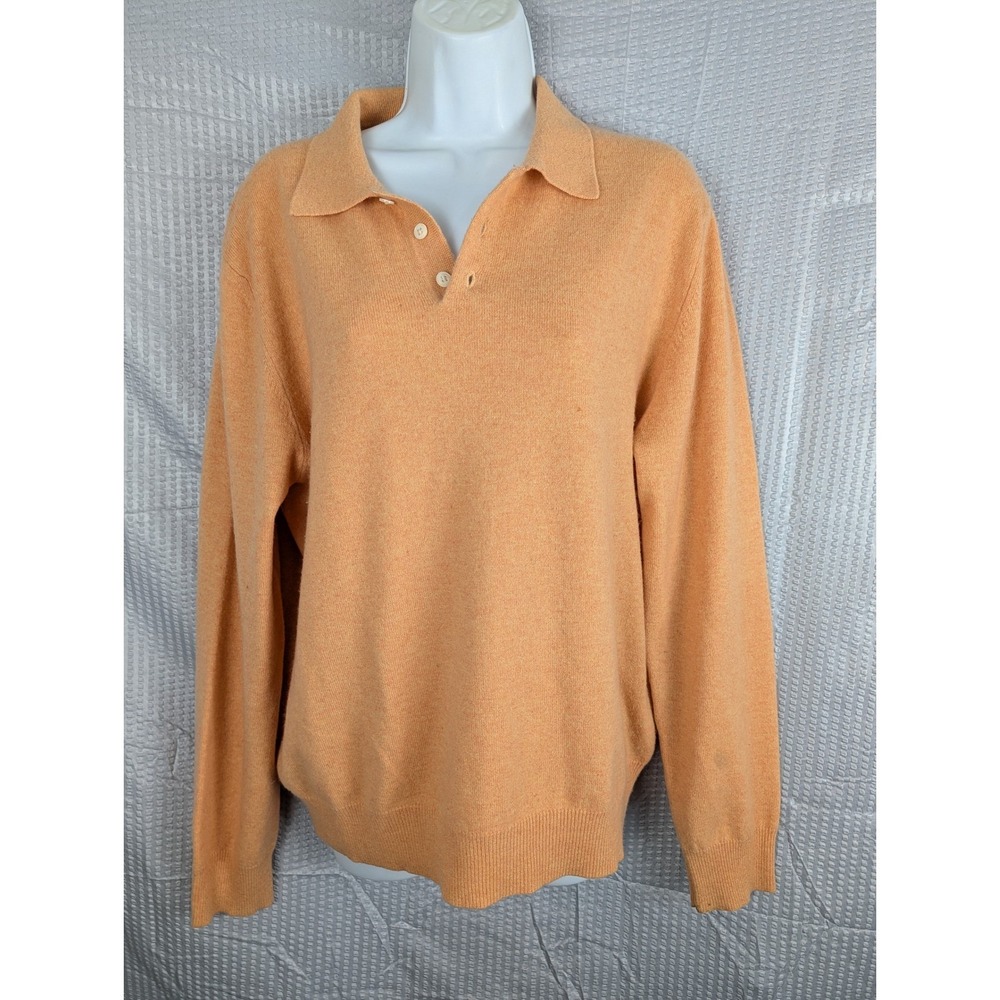 Grant Thomas Mens Two Ply Cashmere Polo Sweater Orange Peach Long Sleeve L